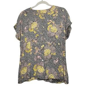 Mondi Floral Leaf Top Womens Size 4 Short Sleeve Vintage Blouse Button Up Shirt